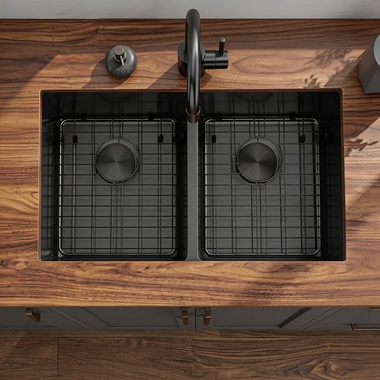 LQS Black Undermount Kitchen Sink 32 Inch, Black Kitchen Sink Undermount 32" x 18", 50/50 Double Bowl 16 Gauge Stainless Steel Sinks with Roll-up Dying Rack and Accessories, R10 Round Corner