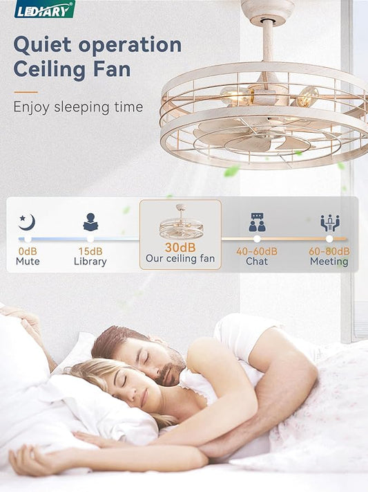 LEDIARY 22 inch Caged Ceiling Fan with Light, Bladeless Industrial Ceiling Fan with Remote, Farmhouse Fan Lights Ceiling Fixtures for Kitchen, Bedroom, OutdoorοΌ6 Speed, TimingοΌ-White and Gold