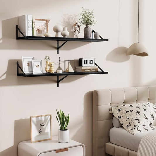 Acovy Floating Shelves for Wall,40" Wall Mounted Shelves Set of 2,Long Wood Floating Shelves,Hanging Wide Display & Storage Shelf with Metal Brackets for Bathroom,Bedroom,Kitchen,Living Room,Black