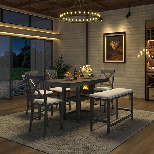 Solid Wood Counter Height Dining Table Set for 6, Expandable Bar Table with 4 Chairs and a Bench, Farmhouse Kitchen Table Set with 2-Tier Storage Shelves for Dinning Room Living Room (Gray-4.9)