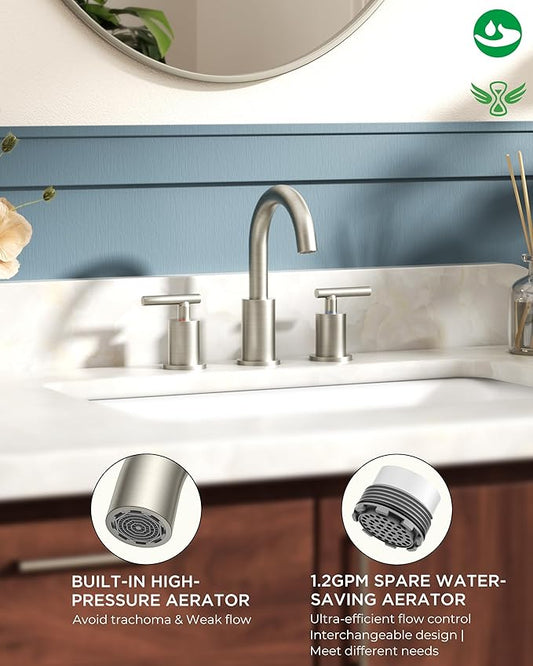 FORIOUS 2 Pack Brushed Nickel Bathroom Faucet 3 Hole with Pop Up Drain and 24" Supply Hose, 2 Handle 8 in Widespread 3 Hole Vanity Faucet for Bathroom Sink Brush Nickel with 360ยฐ Swivel Spout