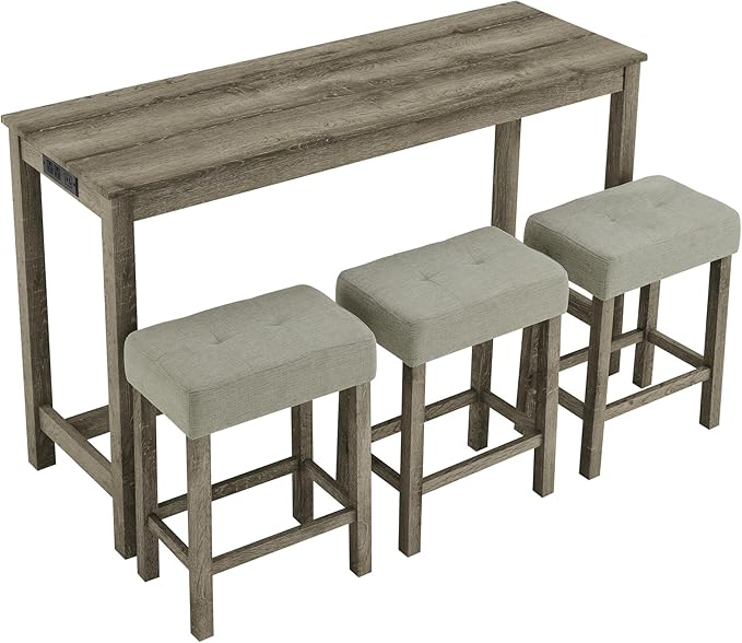 4-Piece Kitchen Island Counter-Table Set with Charging Station, Industrial 59" Dining Tables with 3 Stools, 59 Inch Farmhouse Bar Table Chairs w/USB & Type-C & Power Outlets,Light Brown