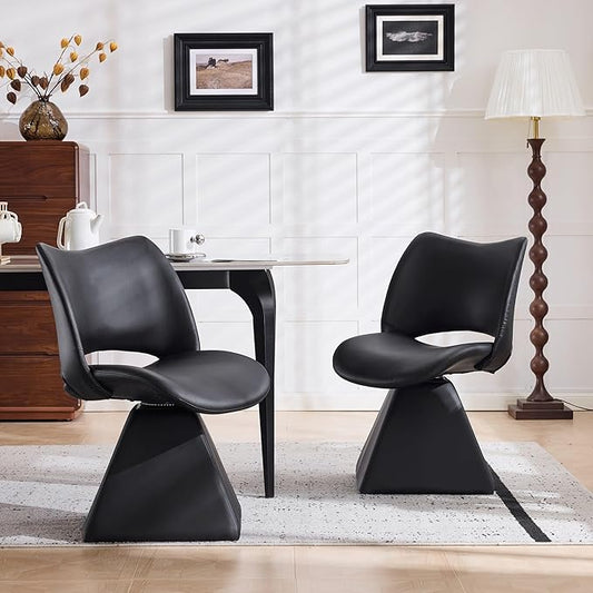 Swivel Dining Chair Upholstered Faux Leather Accent Seat with Curved High Back, Cushioned Foam Padding, Metal and Wood Support, Modern Armless Vanity Desk Chair for Kitchen Island, Dining Room (Black)