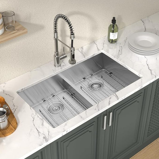 Lordear 32 Inch Undermount Double Bowl Kitchen Sink 16 Gauge Stainless Steel Double Bowl with Low Divider 32x19 Inch Double Basin Kitchen Sinks 50/50 Handmade