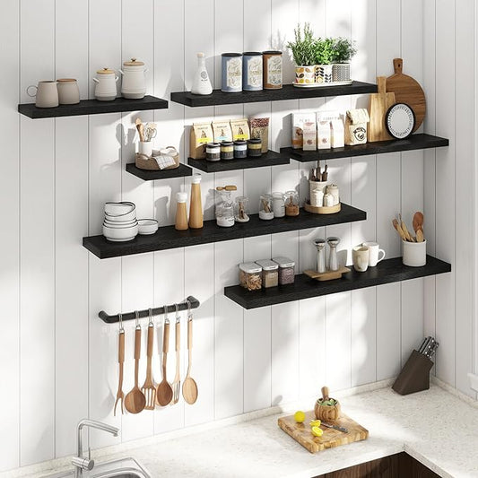 16 Inch Floating Shelves for Wall Set of 2, 8"D Wood Grain Bathroom Shelves with Invisible Brackets, Easy Install Engineered Wood Storage Shelves for Kitchen, Living Room, Bedroom, Black Finish