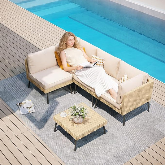 Aoxun 5-Piece Patio Furniture Set, Wicker Outdoor Furniture with Water Resistant Thick Cushions, Patio Conversation Set Outdoor Sectional Sofa with Coffee Table for Backyard Poolside, Beige