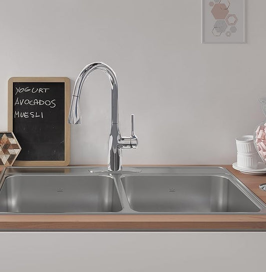 Kindred CDLA3322-6-1N Creemore 33-in LR x 22-in FB x 6-in DP Drop In Double Bowl 1-Hole Stainless Steel Sink