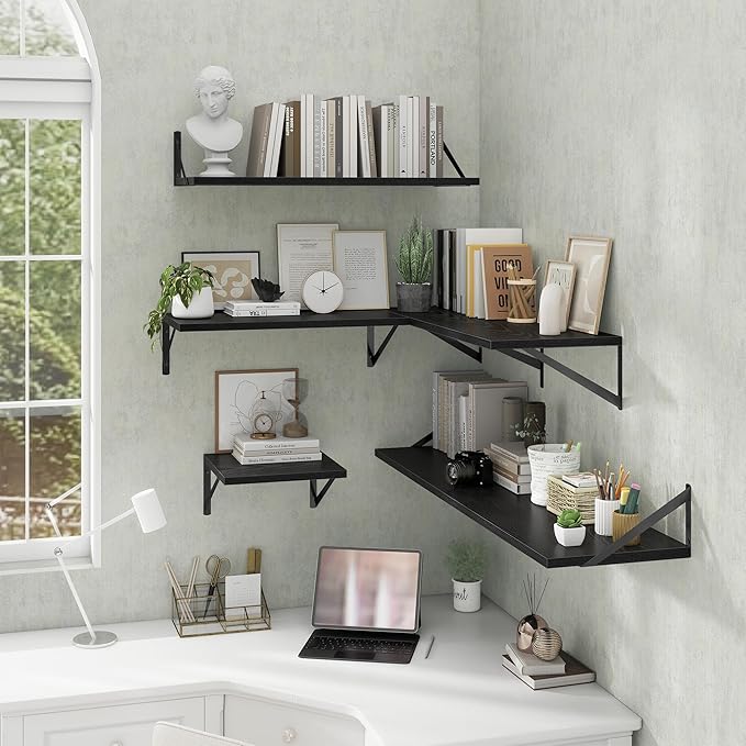 Acovy Deep Floating Shelves Wall Mounted, 36"x12" Black Wall Shelves with Brackets Set of 2 for Bedroom, Living Room, Bathroom, Kitchen, Office - Storage & Display Shelf for Decor, Books, Plants