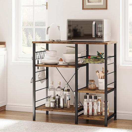 IRONCK Industrial Kitchen Bakerβs Rack, Kitchen Island Utility Storage Shelf, Coffee Bar Microwave Stand with 6 Hooks, Metal Frame, Simple Assembly, Vintage Brown