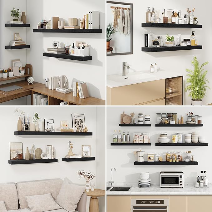 fuqing Floating Shelves for Wall, Wall Mounted Wood Floating Shelf with Invisible Brackets for Living Room, Bathroom, Bedroom, Kitchen Storage and Decor, 36 Inch Set of 2, Black