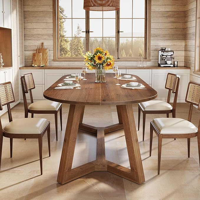 Solid Wood Oval Dining Table for 4-6, 63-Inch Wooden Farmhouse Kitchen Table with Sturdy Tapered Legs for Living Room, Dining Room,Office (Rustic Brown)