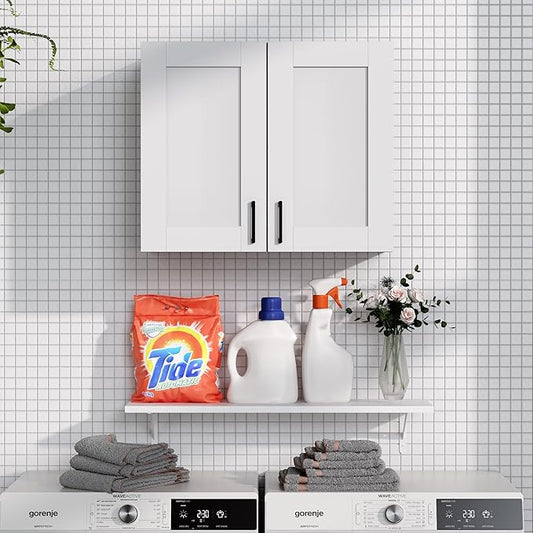 White Laundry Room Cabinets and Storage with 2 Doors and Utility Adjustable Shelf,Gabinetes Para Cocina Cupboard Kitchen Organizers and Storage Pantry Wall Mounted 12.4"D x 23.6"W x 19.7"H