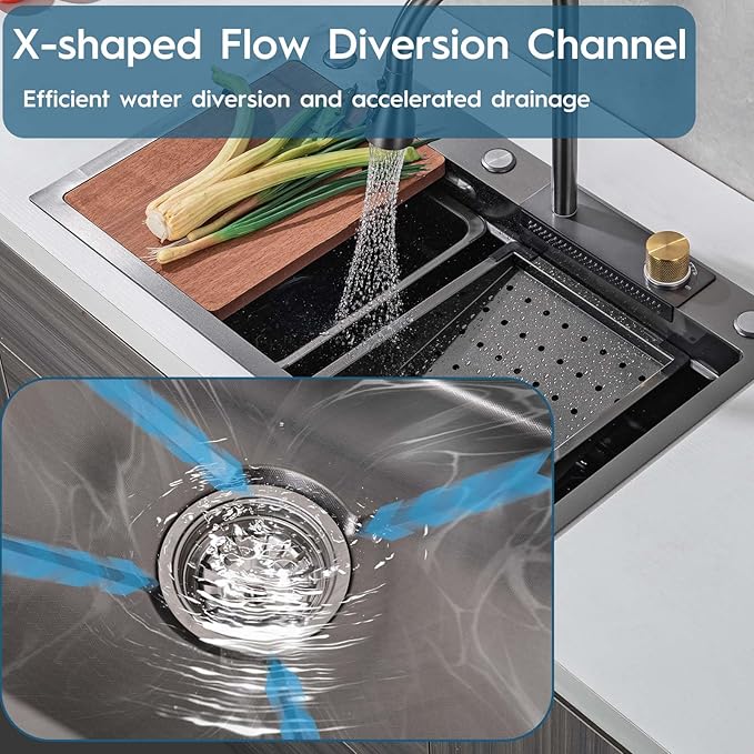 30" Black Drop In Waterfall Kitchen Sink Workstation Single Bowl Stainless Steel Honeycomb Waterfall Sink Modern and Highly Durable Multifunctional Top Mount Kitchen Sinks with Pull-Down Faucet