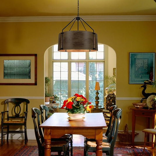 CNRATYE 6-Light Farmhouse Dining Room Light Fixtures Over Table, Vintage Industrial Large Drum Chandelier, Rustic Round Coastal Chandelier for Entryway Kitchen Island, Antique Woodgrain Finishe