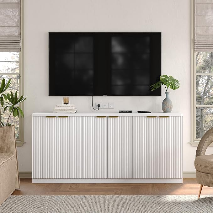 Yanosaku 70" Large Buffet Sideboard Cabinet, Fluted Cabinet 6 Doors, Buffet Table Coffee Bar Wine Bar Storage Cabinet for Dining Room, Living Room, White