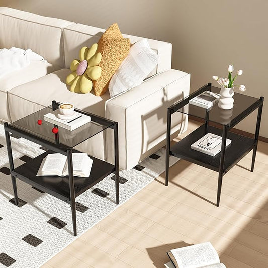 Set of 2 Glass End Table, 2-Layer Glass Living Room Table, Modern Tea Table Side Tables for Home Office Furniture