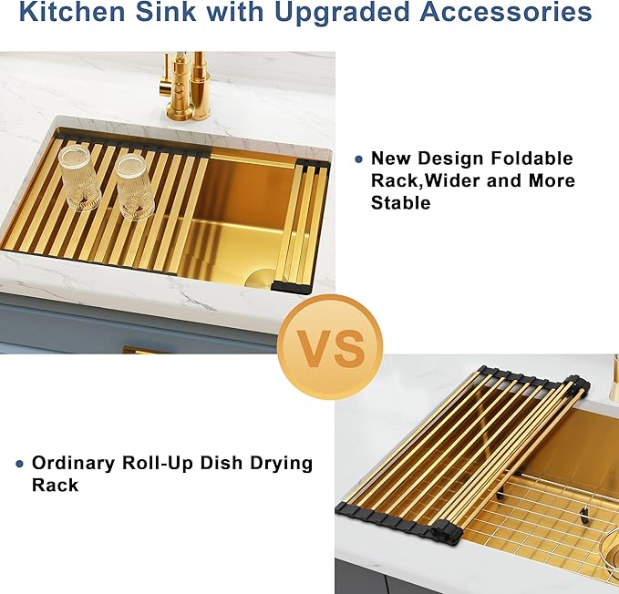 Gold Undermount Kitchen Sink 28 inch,Single Bowl Undermount Sink 16 gauge Stainless Steel,Workstation Kitchen Sinks with Gold Accessories (28" X 18")