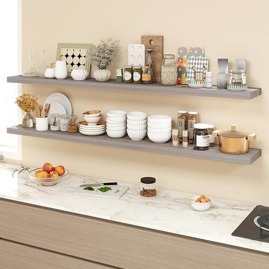 Acovy 72 Inch Floating Shelves, 9.3" Deep Floating Shelf Wall Mounted, 72" Wall Shelves, Rustic Deep Bookshelf, Large Display Shelves & Storage Shelves for Bedroom, Living Room, Grey, Set of 2