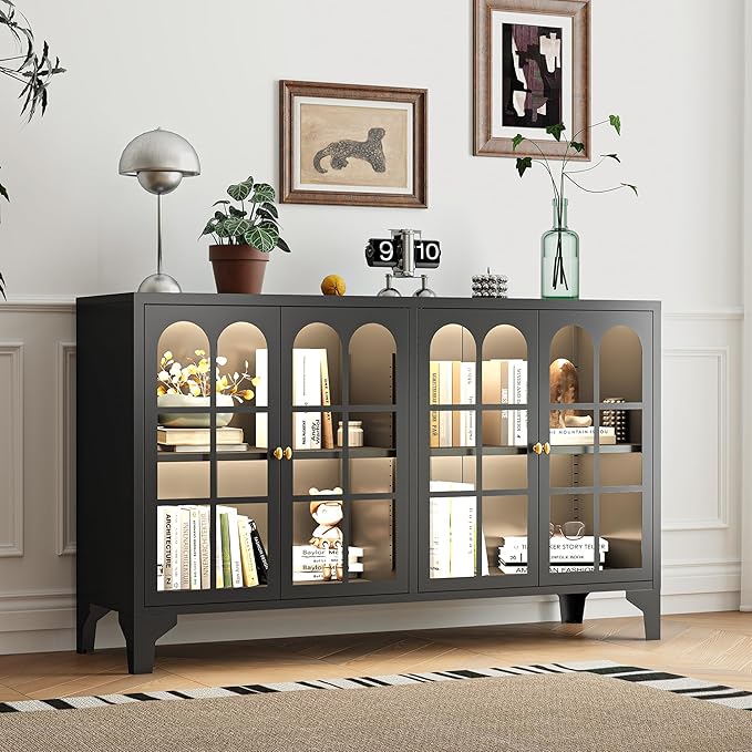 Foreate Sideboard Buffet Cabinet with Glass Door & LED Light, 53.2" Large Buffet Cabinet with Storage & Adjustable Shelf, Farmhouse Sideboard Credenzas Metal Kitchen Buffet, Black