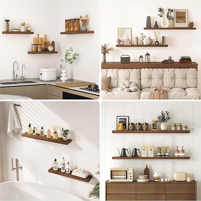 Axeman Natural Wood Floating Shelves for Wall Mounted 36 Inch Rustic Farmhouse Wall Shelves for Bathroom Bedroom Kitchen Living Room Decor Distressed Wooden Shelf|Set of 2, Weathered Walnut