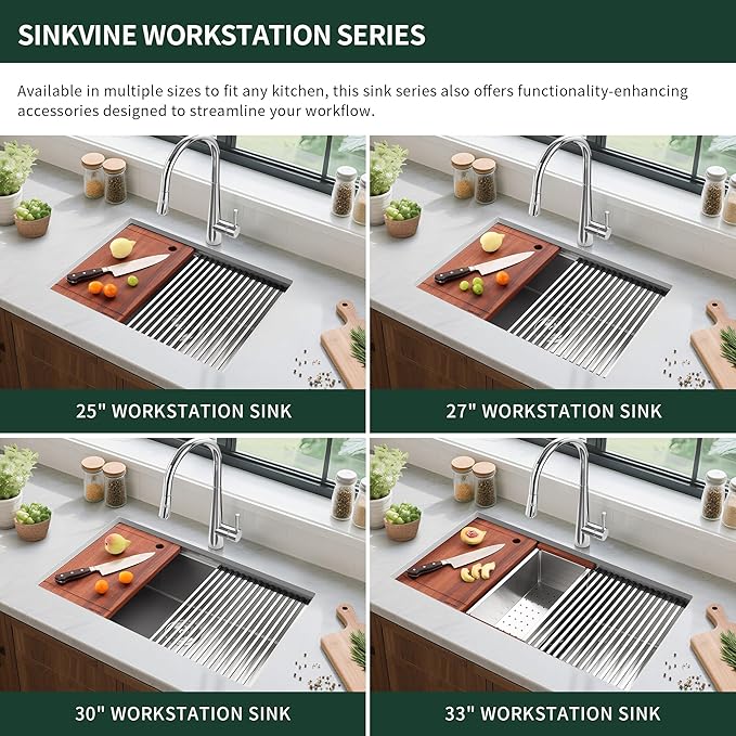25-inch Undermount Kitchen Sink Workstation, SINKVINE 25x19 Outdoor Sink BBQ, Stainless Steel Single Bowl Basin w/Drain Strainer, Bottom Grid, Roll-up Drying Unit, Wood Cutting Board, Deep Colander