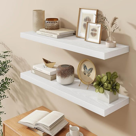 Fun Memories 40 Inch Floating Shelves in White, 9.3 Inch Deep Floating Shelf for Bathroom Living Room Kitchen, Rusitc Wall Mounted Bathroom Shelves 2 Pack, Heavy-Duty Deep Shelf for Books Decor