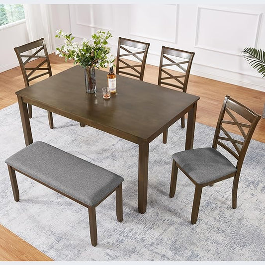 6 Piece Wooden Dining Table Set with 4 Chairs and a Bench, Rectangular Kitchen Table Set for 6 People, Modern Dining Room Table Set for Kitchen and Dining, Walnut