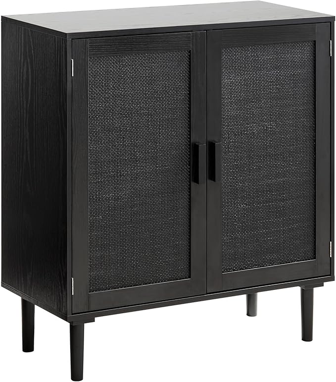 VEVOR Rattan Cabinet, Rattan Buffet Cabinet with 2 Magnetic Doors and Adjustable Shelves, Accent Sideboard Buffet with Wooden Legs & Power Cord Hole for Hallway, Entryway, Kitchen, Black