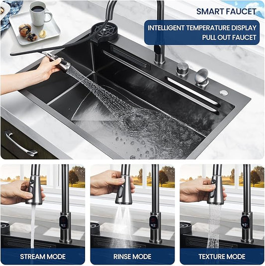 33 inch Waterfall Kitchen Sink Metal Black -Feibus 33x22x10 Drop In Sink with Faucet Combo Double Step Workstation 16 Gauge Multifunctional Stainless Steel Single Bowl