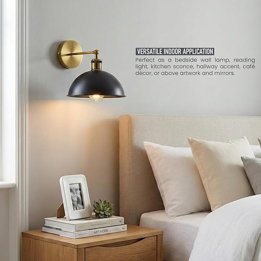 Dome Metal Wall Sconce, 180° Adjustable Industrial Wall Lamp for Bedside, Study, Kitchen, and Living Room Decor. (Black Inner Gold.)