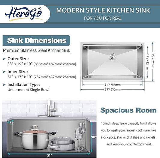 Herogo 33x19 Inch Undermount Stainless Steel Single Bowl Kitchen Workstation Sink, 10'' Deep Basin With Accessories