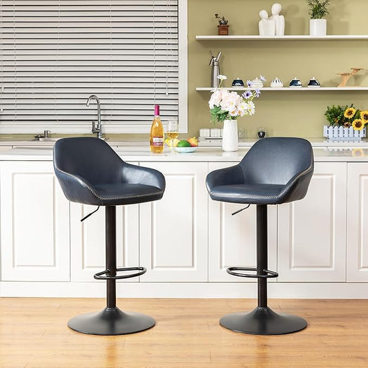 Glitzhome Bar Table and Chairs Set, Round Black Steel Pub Table with Soild Elm Wood Top and Bar Height Adjustable Swivel PU Leather Bar Stool for Breakfast Nook Living Room Small Space Restaurant