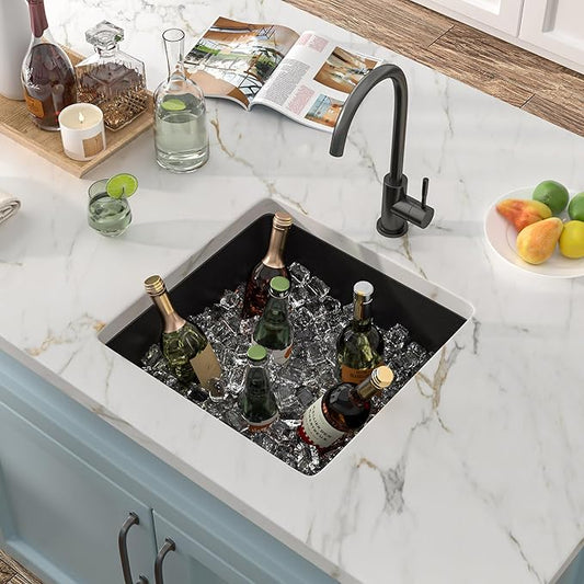 17"x17" Undermount Bar Prep Sink – Matte Black Granite Composite Quartz Classic Under Counter Single Bowl Sink Basin for Wet Bar, RV, Small Kitchen