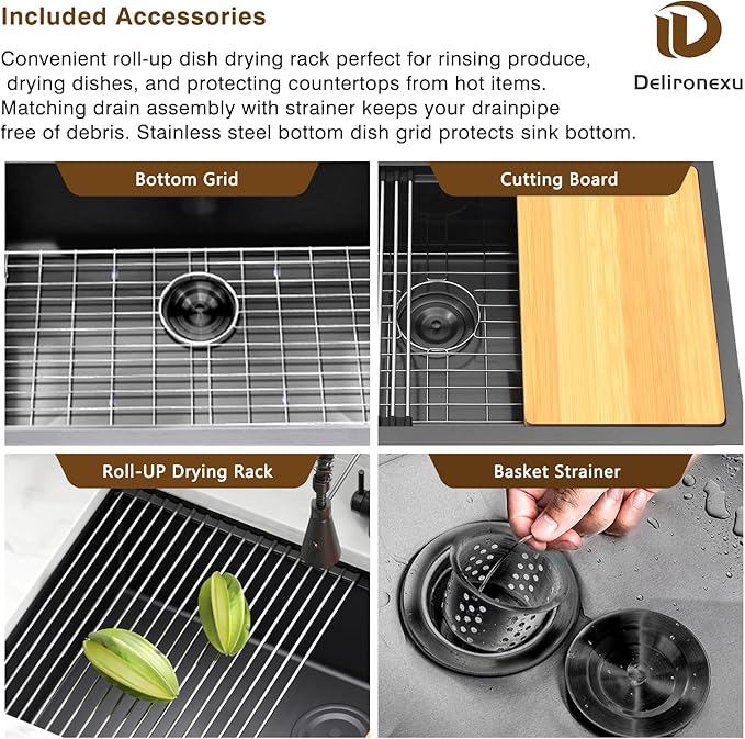 32-Inch Gunmetal Black Undermount Kitchen Sink Workstation - Delironexu 16 Gauge Stainless Steel Deep Single Bowl Kitchen Sinks 32x19x9, Includes Accessories (Pack of 4)