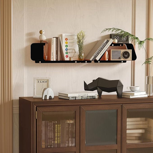 Sttoraboks Floating Shelves, Set of 3 Wall Mounted Metal Shelves with Unique Design for Wall Storage, Book Shelf, Display Shelves for Bathroom Bedroom Kitchen Living Room, Black