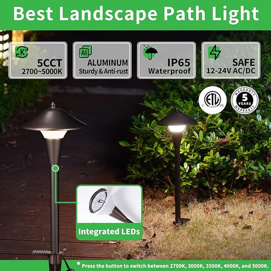 Outdoor Low Voltage Pathway Light - 5CCT Adjustable Walkway Lights LED, 12V Landscaping Pathlights, Mushroom Shape Driveway Lighting Waterproof IP65 ORB Aluminum for Sidewalk Lawn (10 Pack)