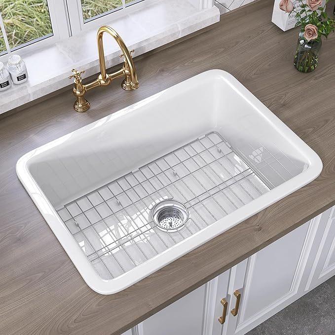 TUKTUK Undermount Kitchen Sink 32 x19 Fireclay Drop-in Farm Sink Porcelain Single Bowl Topmount Large & Deep Basin Luxury Accessory Kit Included