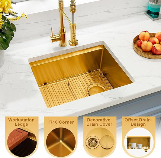 Gold Undermount Kitchen Sink 23 inch,Single Bowl Undermount Sink 16 gauge Stainless Steel,Workstation Kitchen Sinks with Gold Accessories (23" X 18")