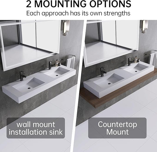 59" Wall Mount Sink Matte Bathroom Vanity Vessel Sinks Artificial Stone Rectanglee Indoor Outdoors Modern Floating or Countertop Freestanding Wall Hang Sink Bowl… (2 Faucet Holes 59'')