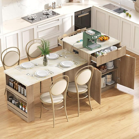 Modern Dining Table Expandable 82.6in Fluted Kitchen Island with, Power Outlet, Wood Console Table with Drawers for Living Room Dining Room Kitchen,Natural-MDF