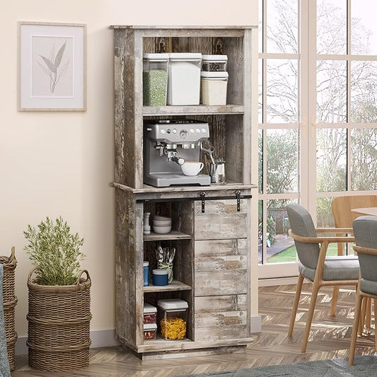 Modern Kitchen Pantry, Freestanding Buffet Cabinet with Hutch, Sliding Barn Door, Adjustable Shelf, Easy to Maintain, for Dining Room
