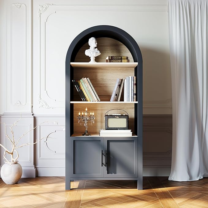 Ball & Cast 67" Tall Arched Storage Cabinet, Modern 3-Tier Wooden Kitchen Pantry Cabinet with Doors & Open Shelves,Versatile Bookcase Display Cabinet for Living Room,Office,Dining Room,Black
