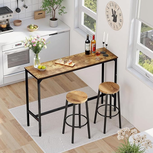 VEVOR Bar Table, Sturdy Metal Frame High Top Pub Table, Narrow Long Kitchen Dining, Cocktail Counter Bar Height Desk, Easy to Assemble, 55x15x39 in, for Living Room Party, Rustic Brown and Black