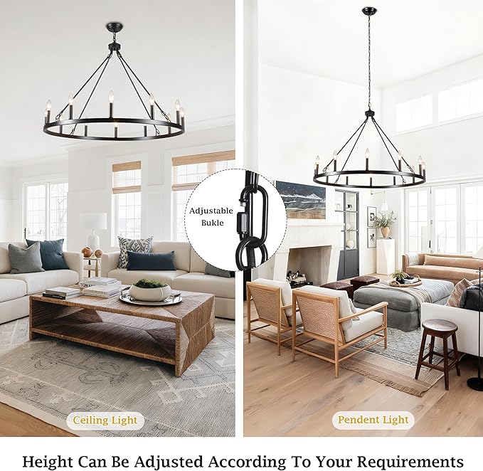 Wagon Wheel Chandelier 12 Light 38" Large Black Farmhouse Chandelier for Dining Room Rustic Country Pendant Light Fixtures Hanging Modern Round Chandeliers for Living Room High Ceilings Entryway Foyer