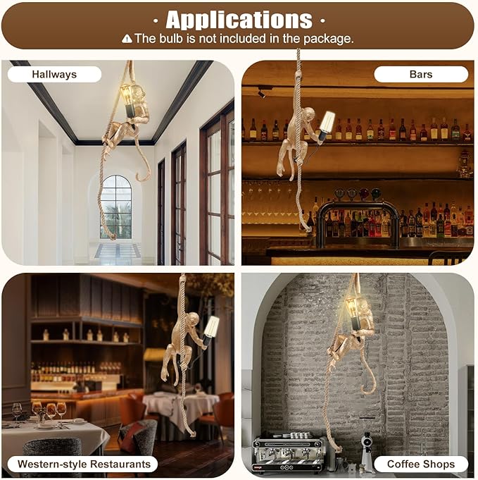 Creative Monkey Hanging Lamp, Monkey Shape Decoration Chandelier, Industrial Retro Edison Ceiling Pendant Light Fixture E26 for Dining Living Room Bedroom Bar Cafe-Gold