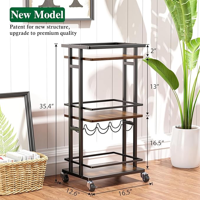 OKZEST 3-Tier Liquor Cabinet with Wine Rack, Mini Bar Cart for Home, Small Liquor Bar for Alcohol, Rolling Kitchen Serving Cart on Wheels, Wine Drink Cart for Party, Bar Stand for Small Space
