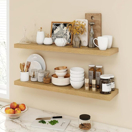 Acovy 40 Inch Floating Shelves, 9.3" Deep Floating Shelf Wall Mounted, 40" Wall Shelves, Rustic Deep Bookshelf, Large Display Shelves & Storage Shelves for Bedroom, Living Room, Oak, Set of 2