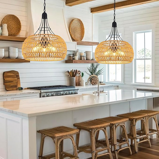 20" Rattan Farmhouse Chandeliers for Dining Room, 5-Light Boho Rattan Chandelier Light Fixtures with Woven Wicker Lampshade, Rustic Pendant Lighting for Kitchen Island, Living Room