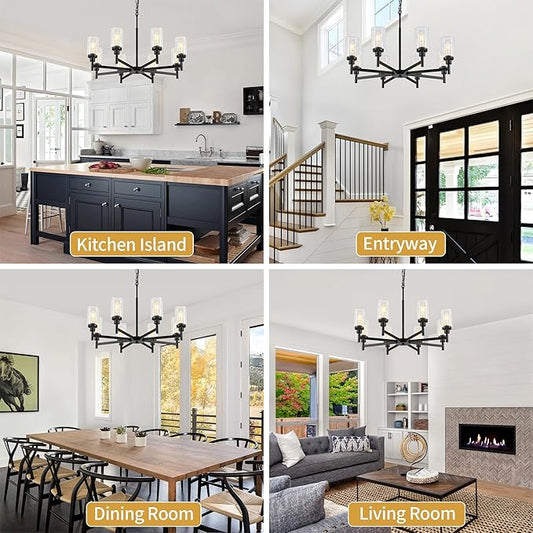 8-Light Farmhouse Glass Chandelier, Modern Black Chandelier for Dining Room Island Lights Industrial Hanging Foyer Lighting Fixtures Chandeliers for Entryway Kitchen Living Room Adjustable Height