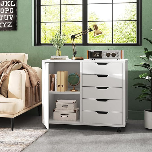 DUMOS 5 Drawer File Cabinet Office Drawers Organizer with Wheels Rolliing, Under Desk Cabinets with Shelves and Door Printer Stand with Wood Board Metal Frame for Home Office Storage Craft Room, White